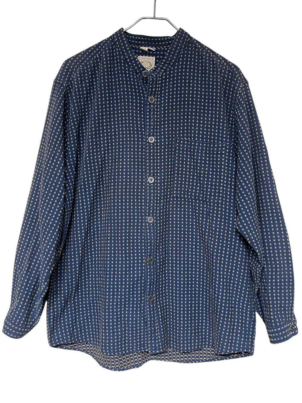 Wah Maker Frontier clothing blue tan geometric pattern button down shirt USA